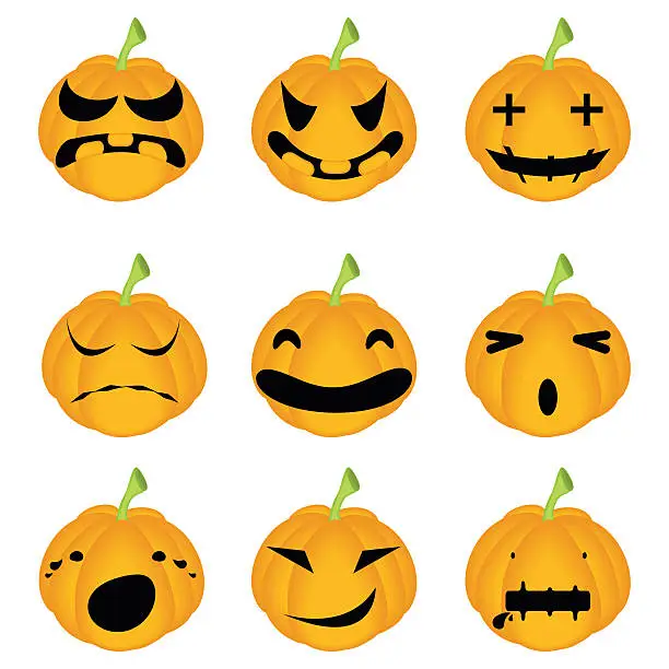 Vector illustration of Halloween Pumpkins; Horror Persons; Emotion Variation; Vector Ic