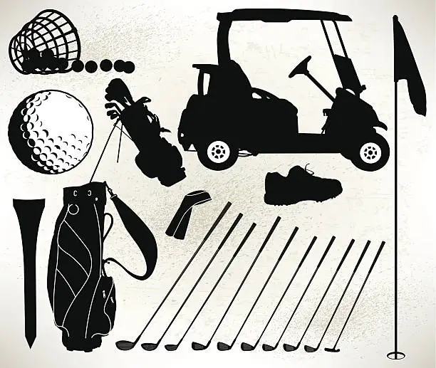 Vector illustration of Golf Equipment - Clubs, Bag, Cart