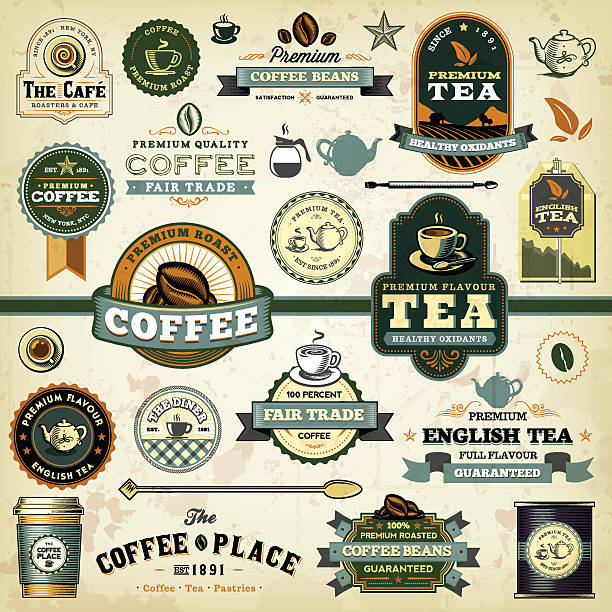 ilustrações de stock, clip art, desenhos animados e ícones de café etiquetas & chá - coffee bean coffee label retro revival