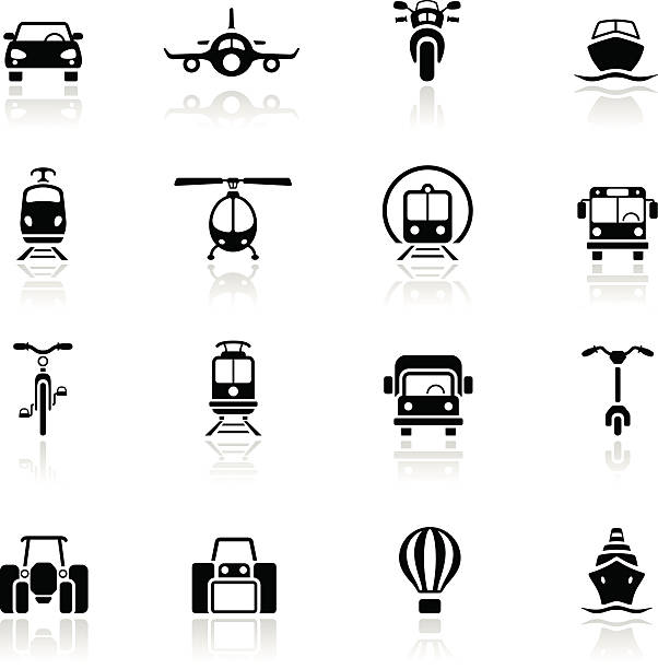 Multiple types of transportation icons in black A front view set of 16 black and white transportation icons in four rows and four columns.  In the top row is a car with a steering wheel, airplane, motorcycle and boat.  The second row has a train, helicopter, subway and a bus with a steering wheel.  The third row has a bicycle, light-rail train car, a large truck with a steering wheel and a scooter.  The fourth row contains a tractor, a bulldozer, hot-air balloon and a ship.  All of the icons give off faint partial shadows that are reflected directly beneath them. push scooter illustrations stock illustrations