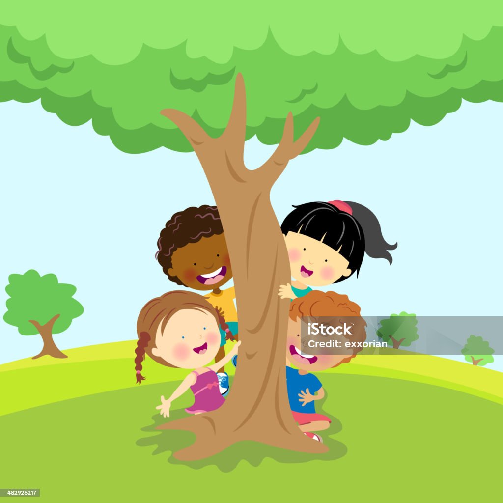 Illustration of diverse children behind a tree Four multiethnic kids are peeking out from behind a tree, and all of the children are smiling.  An African-American boy with a orange shirt, an Asian American girl with a ponytail, a Caucasian girl with a tank top and a boy with orange hair play together.  One of the girls has two braids.  The tree trunk is light brown, and its foliage is green with dark green shadows.  The grass is light green, and the sky is light blue.  A yellow meadow with trees is against the horizon in the background behind the children. Child stock vector
