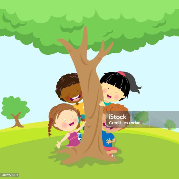Illustration Of Diverse Children Behind A Tree Stock Illustration - Download Image Now - Child, Playful, Playing