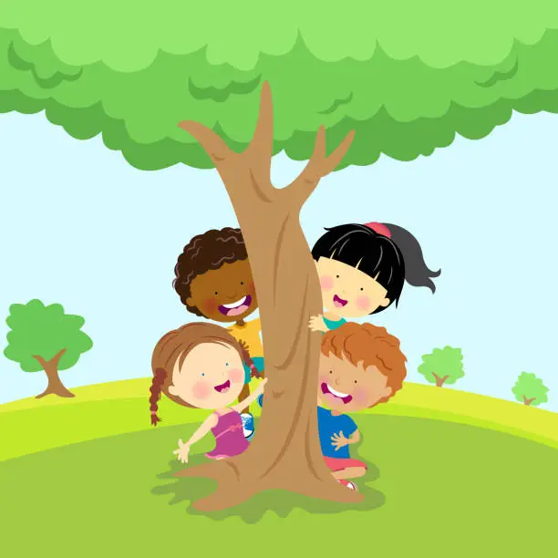 Vector illustration of Illustration of diverse children behind a tree