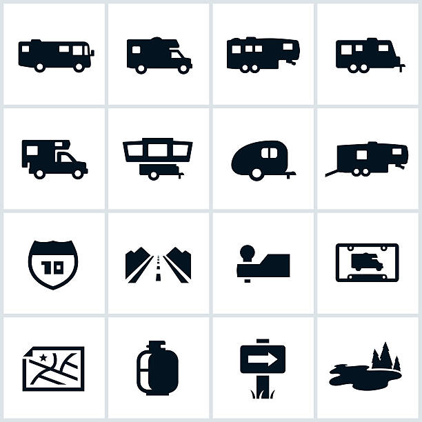 Black RV Icons Recreation Vehicle Icons. The set includes a motorhome, camp trailer, tent trailer and other RV related icons. rv stock illustrations