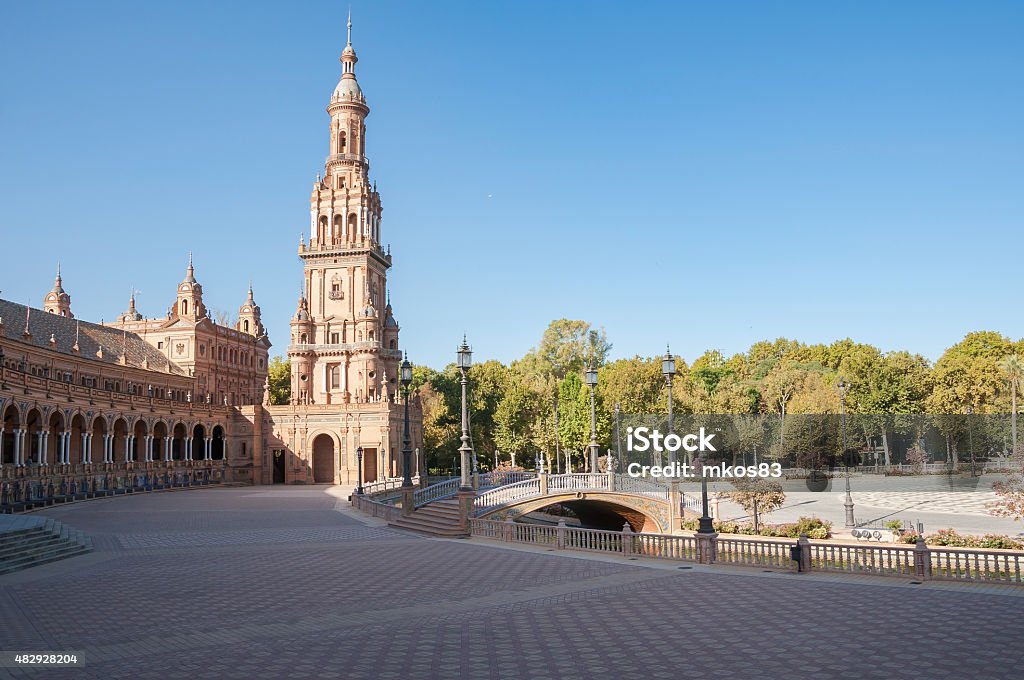 Tower of the Plaza de Espana in Seville Boats at the tower of the Plaza de Espana in Seville 2015 Stock Photo