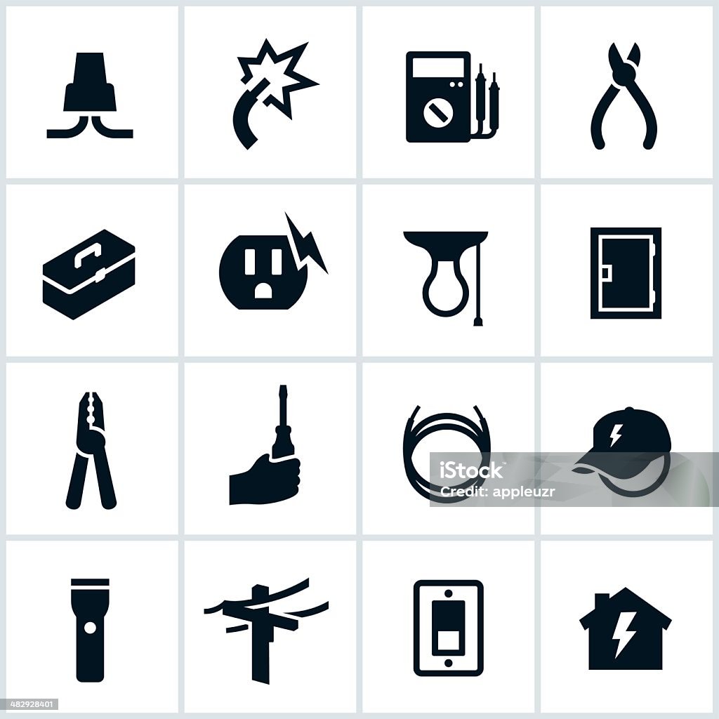 Electrical and Electrician Icons Electrician tools and symbols. The file contains icons of common tools used by electricians as well as other electricity symbols. Icon Symbol stock vector