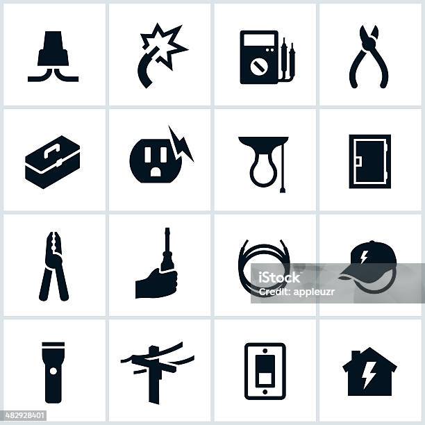 Electrical And Electrician Icons Stock Illustration - Download Image Now - Icon Symbol, Cable, Sparks