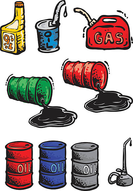 ilustraciones, imágenes clip art, dibujos animados e iconos de stock de de petróleo y gasolina recipientes - gasoline labeling clip cartoon