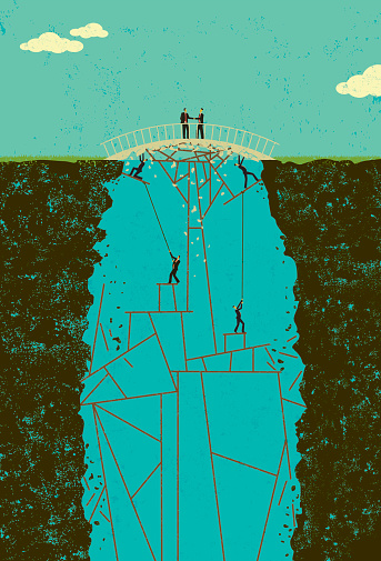 Two businessmen in a shaky business agreement. The employees under the bridge keep the deal from falling apart. The men and bridge, the men and structure under the bridge, the cliff walls, and background are on separately labeled layers.