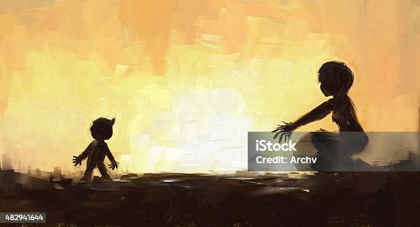 Digital Painting Of Mother And Son At The Sunset Time Stock Illustration - Download Image Now