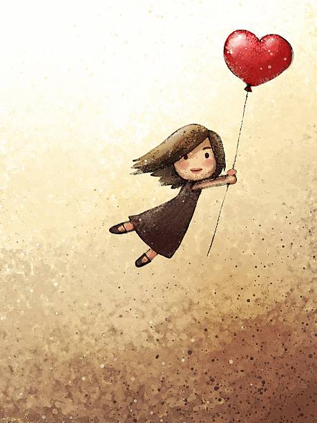 цифровая живопись of girl flying на воздушных шарах hearts - symbol love announcement message painted image stock illustrations