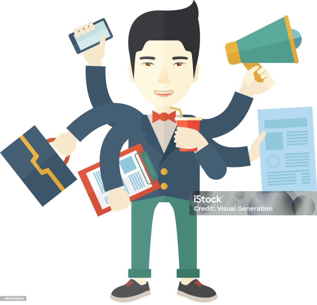 Young but happy japanese employee doing multitasking office tasks A young but happy japanese employee has six arms doing multiple office tasks at once as a symbol of the ability to multitask, performing multiple task simultaneously. Multitasking concept. A Contemporary style. Vector flat design illustration isolated white background. Square layout. 2015 stock vector