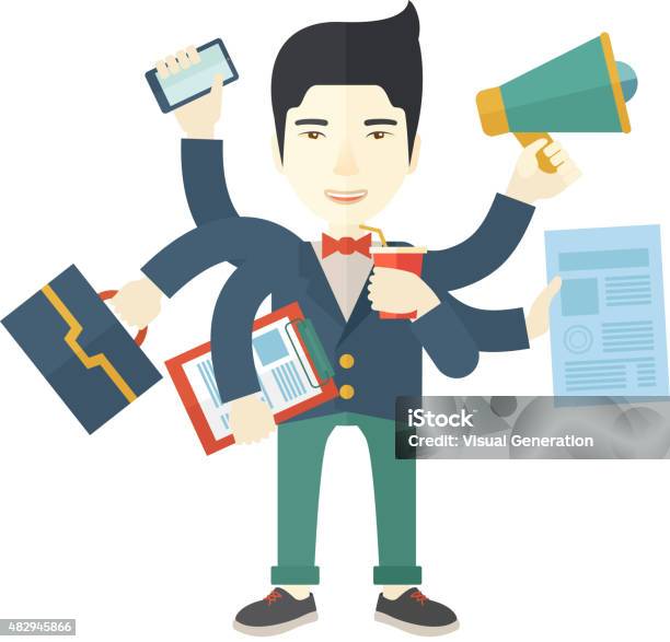 Young But Happy Japanese Employee Doing Multitasking Office Tasks Stock Illustration - Download Image Now