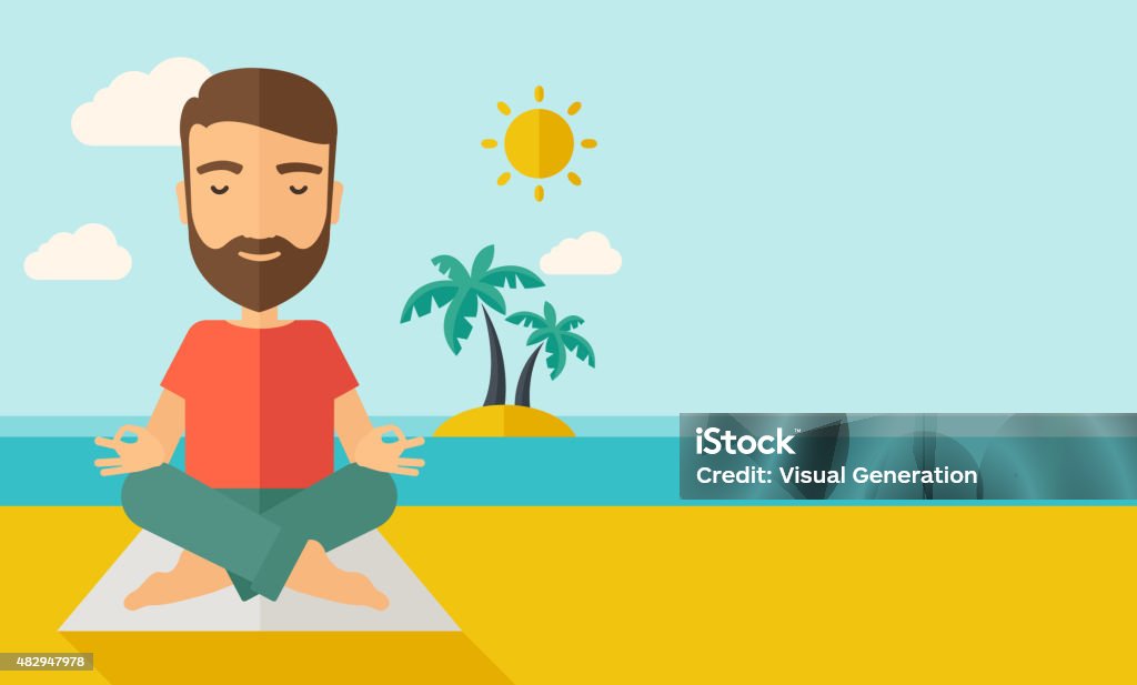 Man doing yoga in the beach A hipster man doing yoga in the beach with his yoga pad under the sun.  Contemporary style with pastel palette, soft blue tinted background with desaturated cloud. Vector flat design illustrations. Horizontal layout with text space in right side. 2015 stock vector