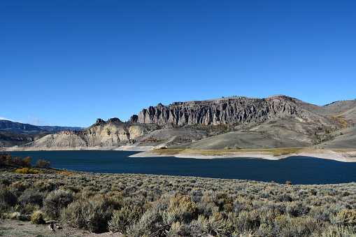 Dillon Pinnacles geologic formation rise above the Blue Mesa Reservoir near Gunnison, Colorado, U.S.A.