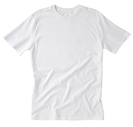 Front of a clean White T-Shirt, wrinkled on the bottom for additional texture, waiting for you to add your own logo, Graphics or words. Clipping Path. Single shirt - about 10