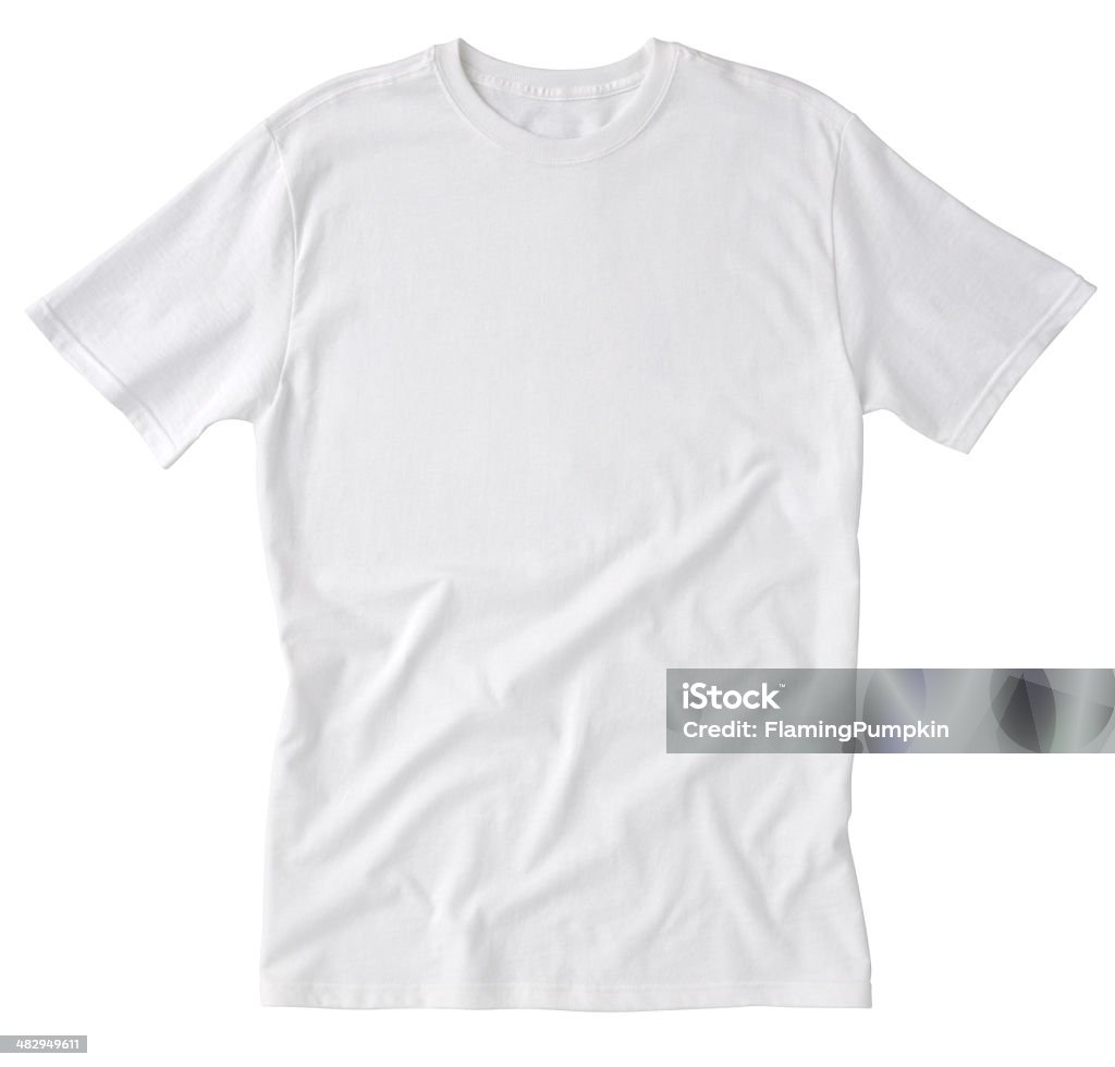 Blank White T-Shirt Front with Clipping Path. Front of a clean White T-Shirt, wrinkled on the bottom for additional texture, waiting for you to add your own logo, Graphics or words. Clipping Path. Single shirt - about 10" x 10". T-Shirt Stock Photo