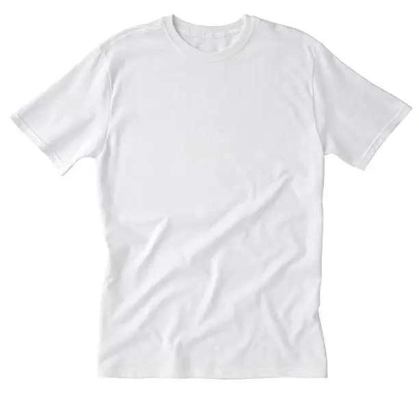 Front of a clean White T-Shirt, wrinkled on the bottom for additional texture, waiting for you to add your own logo, Graphics or words. Clipping Path. Single shirt - about 10" x 10".