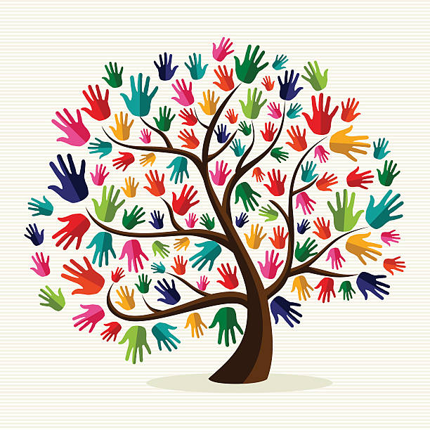 illustrations, cliparts, dessins animés et icônes de diversité arbre mains illustration - social media teamwork global communications togetherness