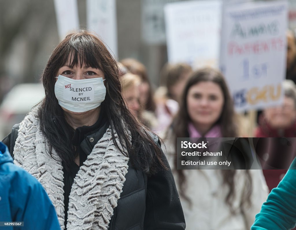 Silenced by McNeil Halifax, Canada - April 3, 2014: Nurses with the Nova Scotia Government & General Employees Union strike outside the Halifax Infirmary after walking out on a legal strike when talks with the union and Capital Health reached a stalemate in contract talks primarily relating to the union's demands for lower nurse-to-patient ratios. 2014 Stock Photo