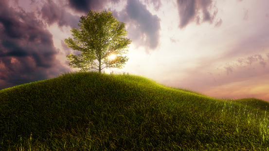 Royalty free 3d rendering of grassy hill with big tree.