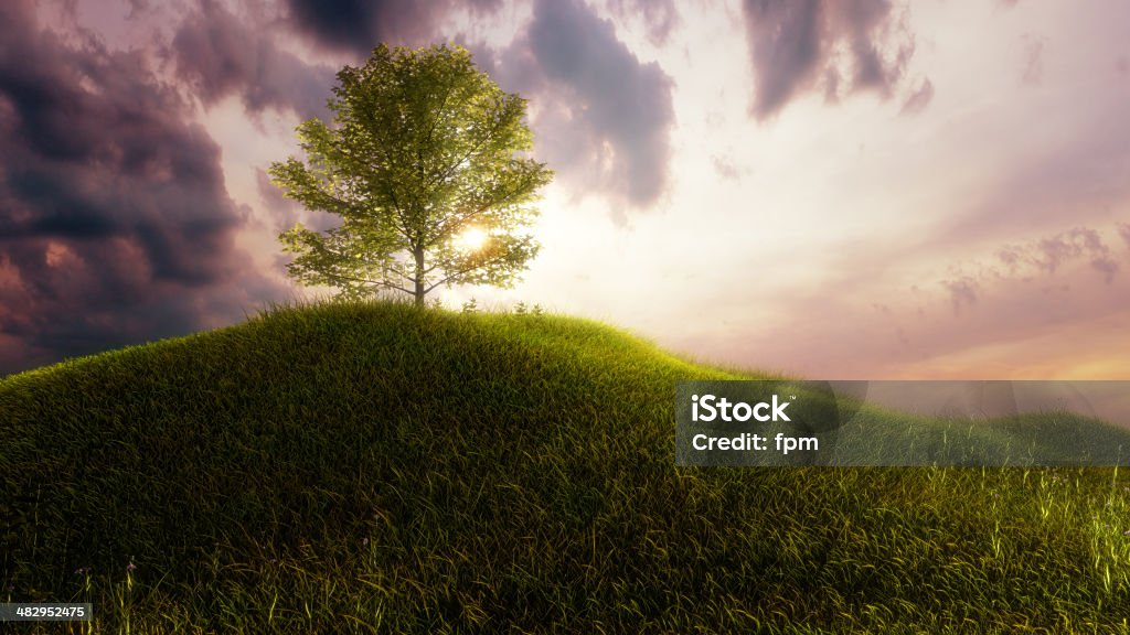 Paradise Royalty free 3d rendering of grassy hill with big tree. Tree of Life - Concept Stock Photo
