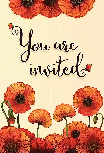 Vector illustration of Invitation Vertical Card 10.4x15.2 cm Red Poppies