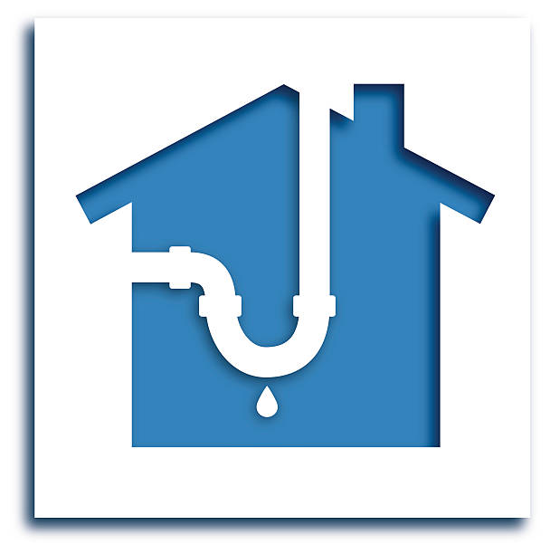 CutOutLeakyPipeHouseIcon Vector illustration of a white leaky pipeicon with a drop shadow over a blue house cut out of a piece of white paper. plumber pipe stock illustrations
