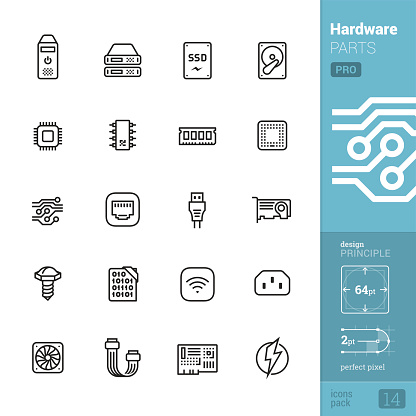 20 Hardware parts Linear style vector icons pack.