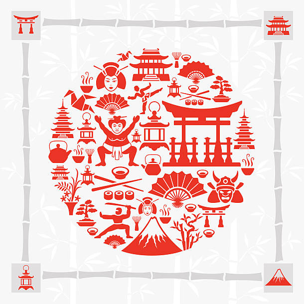 분재 콜라주 - asian culture bamboo zen like red stock illustrations