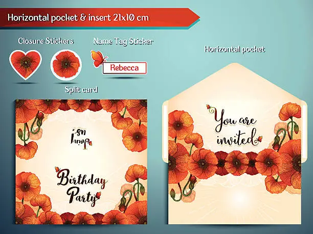 Vector illustration of Birthday Party Invitation set Red Poppies. Horizontal pocket and insert