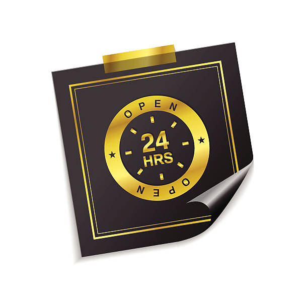 24 Hours Open Golden Sticky Notes Vector Icon Design 24 Hours Open Golden Sticky Notes Vector Icon Design 24 karat gold bars for sale stock illustrations