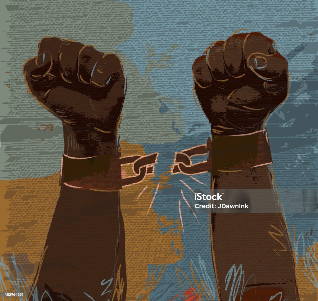 Freedom: breaking chains African american hands and arms Vector illustration abstract of strong hands and arms breaking the chains. Download includes Illustrator 10 eps with transparencies, high resolution jpg and png file. See my portfolio for similar concepts. Slavery stock vector