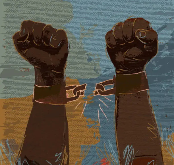 Vector illustration of Freedom: breaking chains African american hands and arms