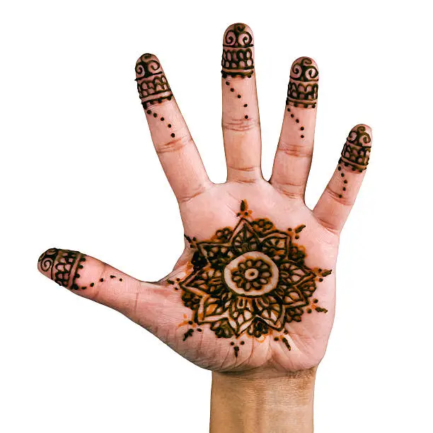 Photo of Henna design on the palm hand isolated in white.