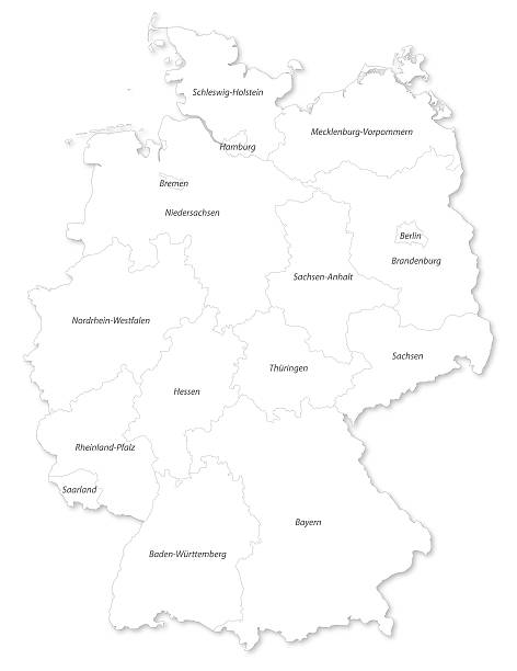Map of German states with cites (EN names) on white background. A small scale contour map of Germany projected in WGS 84 World Mercator. Map was made with Natural Earth (naturalearthdata.com) professional free geodata which are in the public domain. Created on 2014-02-26 in specialized cartographic software MAPublisher  and AI CS5.