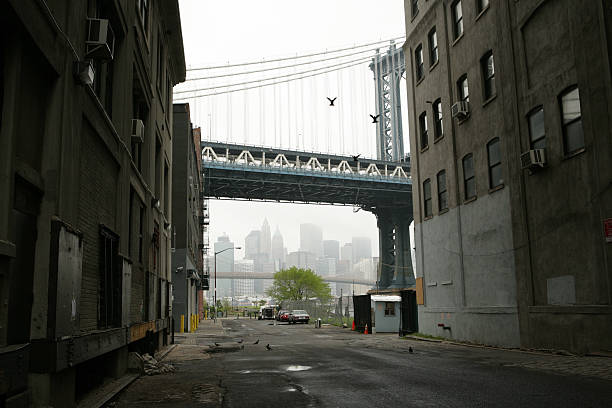 Deserted Brooklyn DUMBO Manhattan Bridge Waterfront Street stock photo