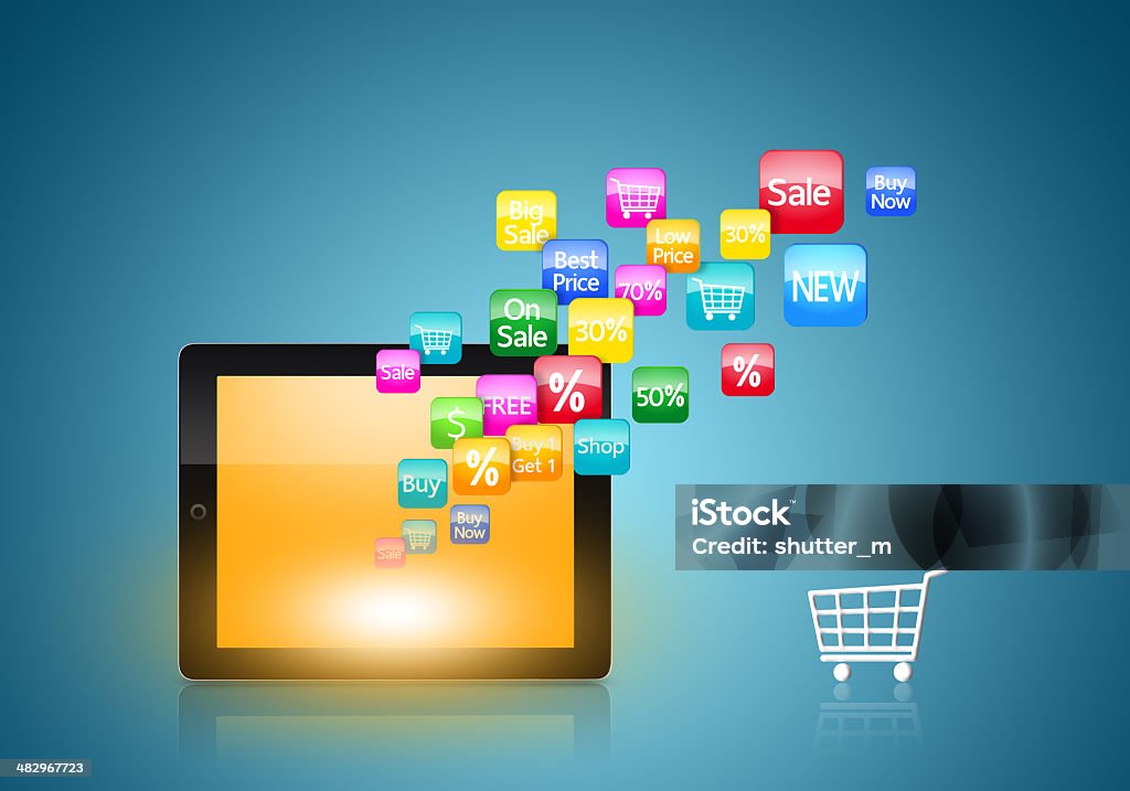 Comprimido con iconos de aplicación y cesta de compras - Foto de stock de Aplicación para móviles libre de derechos