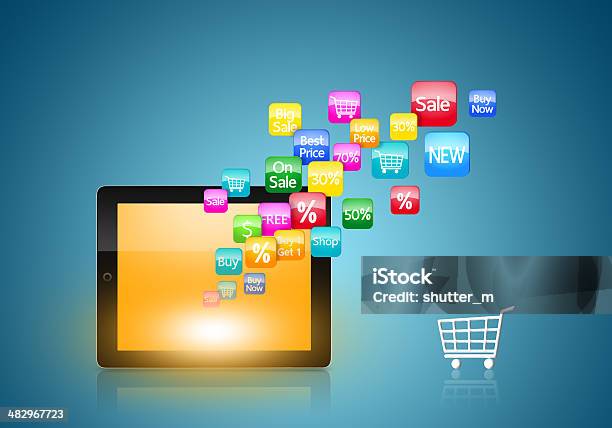 Tablet Z Ikony Aplikacji I Koszyk - zdjęcia stockowe i więcej obrazów Aplikacja mobilna - Aplikacja mobilna, Baner, Banner internetowy