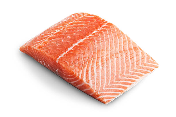 istock Sliced raw fatty salmon isolated on white background 482968441