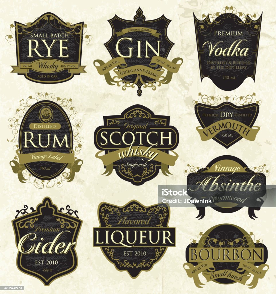 Whiskey, rum, scotch, bourbon, cider, Wermut, gin vintage-Likör Label - Lizenzfrei Etikett Vektorgrafik