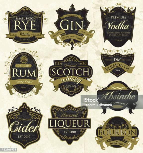 Whiskey Rum Scotch Bourbon Cider Wermut Gin Vintagelikör Label Stock Vektor Art und mehr Bilder von Etikett