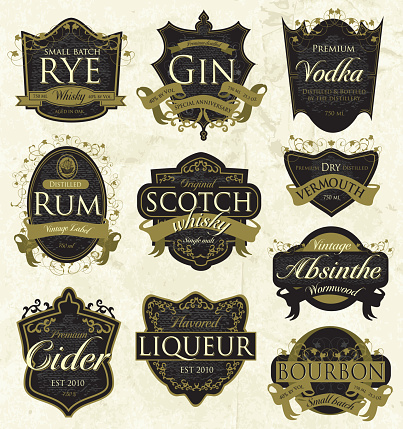 Assorted vector collection of vintage styled liquor labels on a textured background.. Text sample designs features: Rye Whisky, Gin, Vodka, Rum, Scotch Whisky, Vermouth, Cider, Liqueur, Absinthe, and Bourbon. Elements include ribbons, ship, leafy swirls and scroll work. Download includes Illustrator 8 eps, high resolution jpg and png file. 