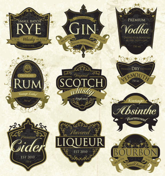 Vintage liquor labels Assorted vector collection of vintage styled liquor labels on a textured background.. Text sample designs features: Rye Whisky, Gin, Vodka, Rum, Scotch Whisky, Vermouth, Cider, Liqueur, Absinthe, and Bourbon. Elements include ribbons, ship, leafy swirls and scroll work. Download includes Illustrator 8 eps, high resolution jpg and png file.  vermouth stock illustrations