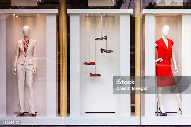 Boutique Window With Shoes Bags And Mannequin Stock Photo - Download Image Now - Mannequin, Store, Boutique