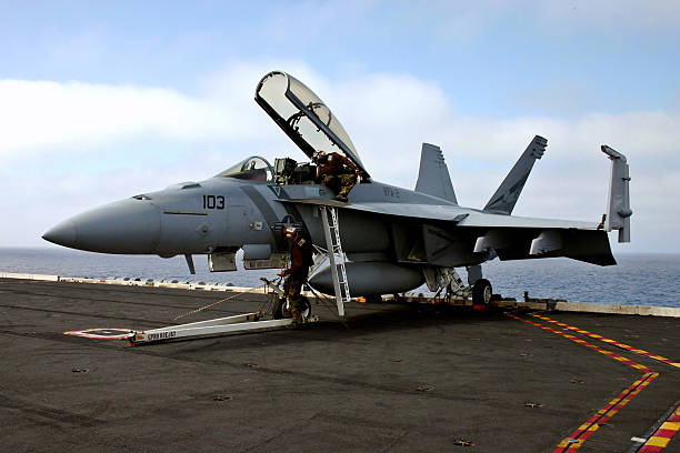Servicing an FA18 SuperHornet FA18 SuperHornet military jet on board the USS Carl Vinson undergoes maintenance hornet stock pictures, royalty-free photos & images