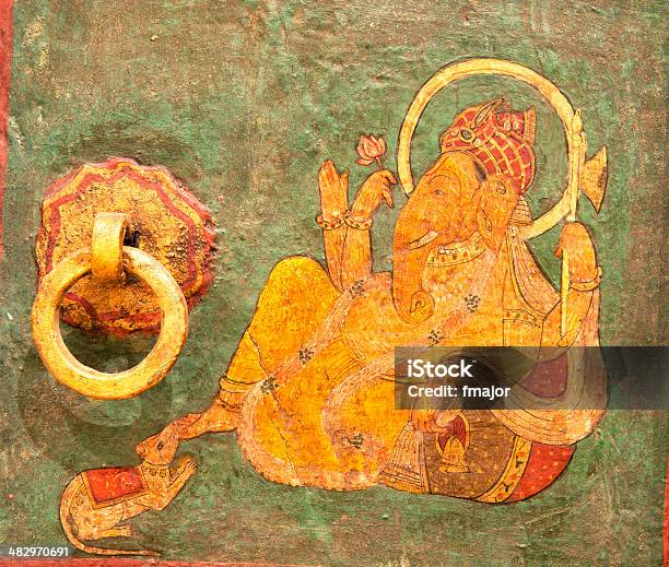 Ganesha On An Old Indian Door Stock Photo - Download Image Now - Ganesha, Animal, Antique