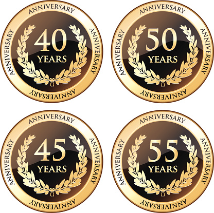 Fortieth, forty-fifth, fiftieth and fifty fifth anniversary shields with laurels.