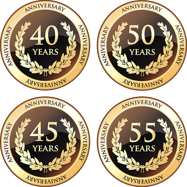 Fortieth And Fiftieth Anniversary Awards Fortieth, forty-fifth, fiftieth and fifty fifth anniversary shields with laurels. 50 59 years stock illustrations