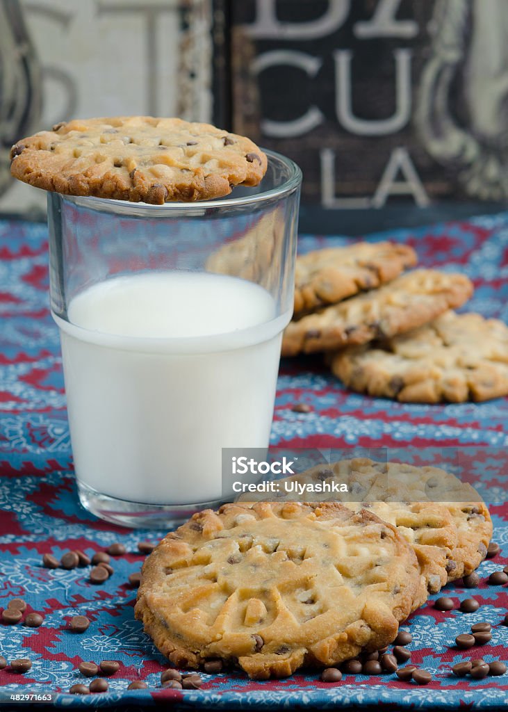 Homemade cookies Homemade cookies with chocolate drops and milk Backgrounds Stock Photo